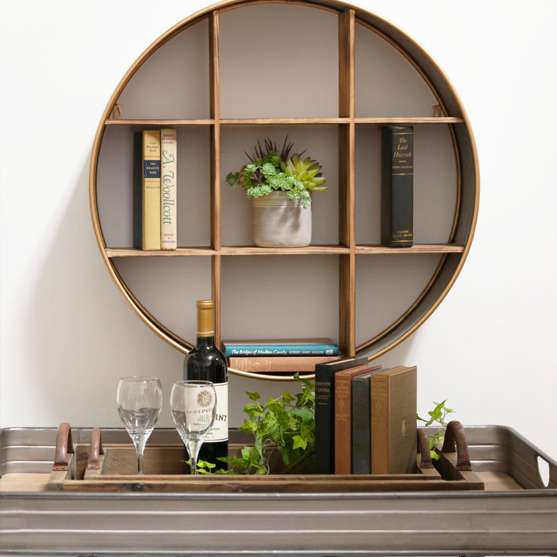 17 Stories Metal Round Wall Shelf with Wood Divider, 9 Slots and